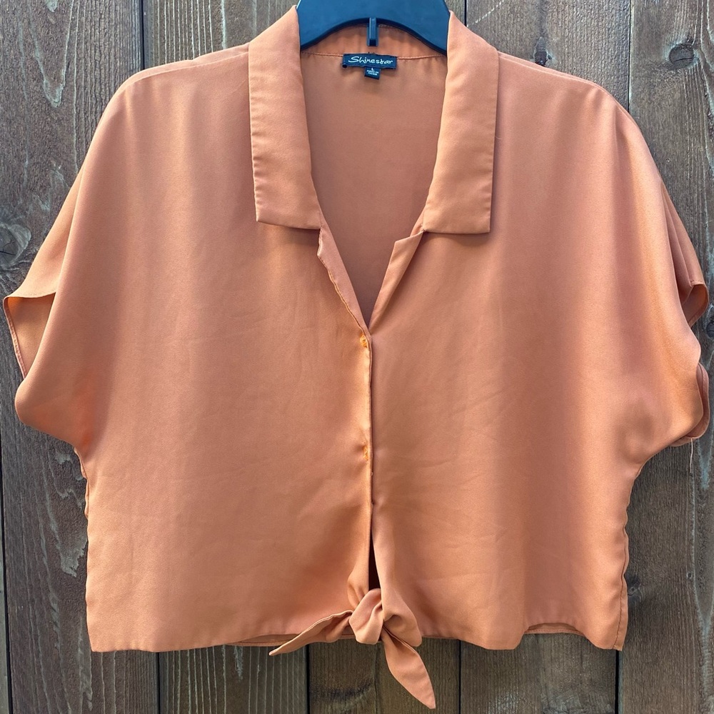 Orange Shinestar collared tie-front blouse